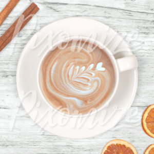 flat lay stock photo of a latte, fall themed cinnamon latte photography